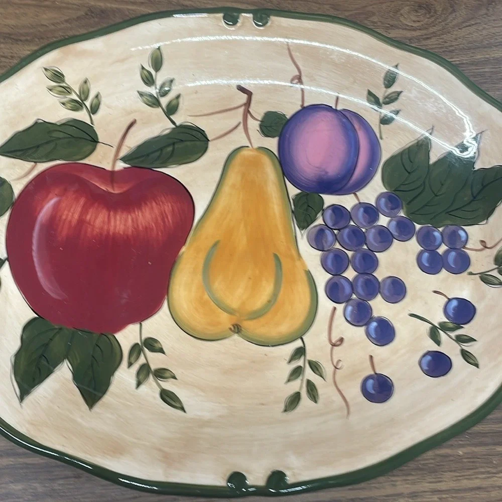 Hand Painted Fruit Platter Decorative Plate‎ Apple Pear Grapes Plum EUC